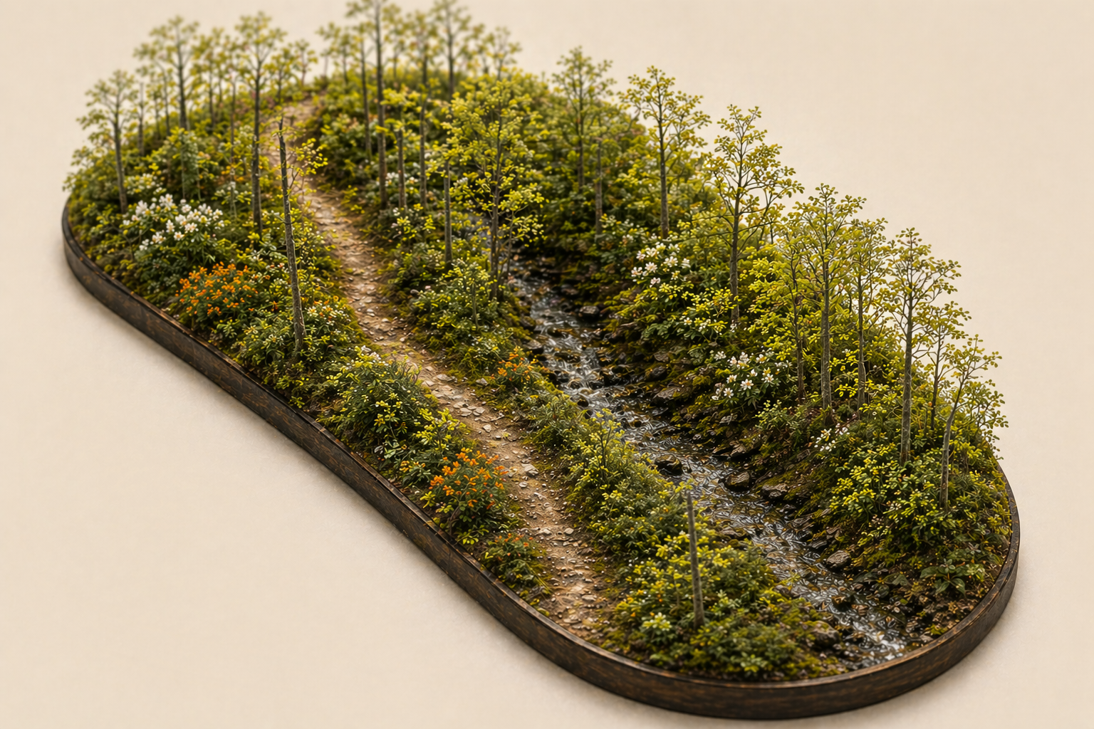 Tilt-shift diorama of a rhododendron-lined forest trail