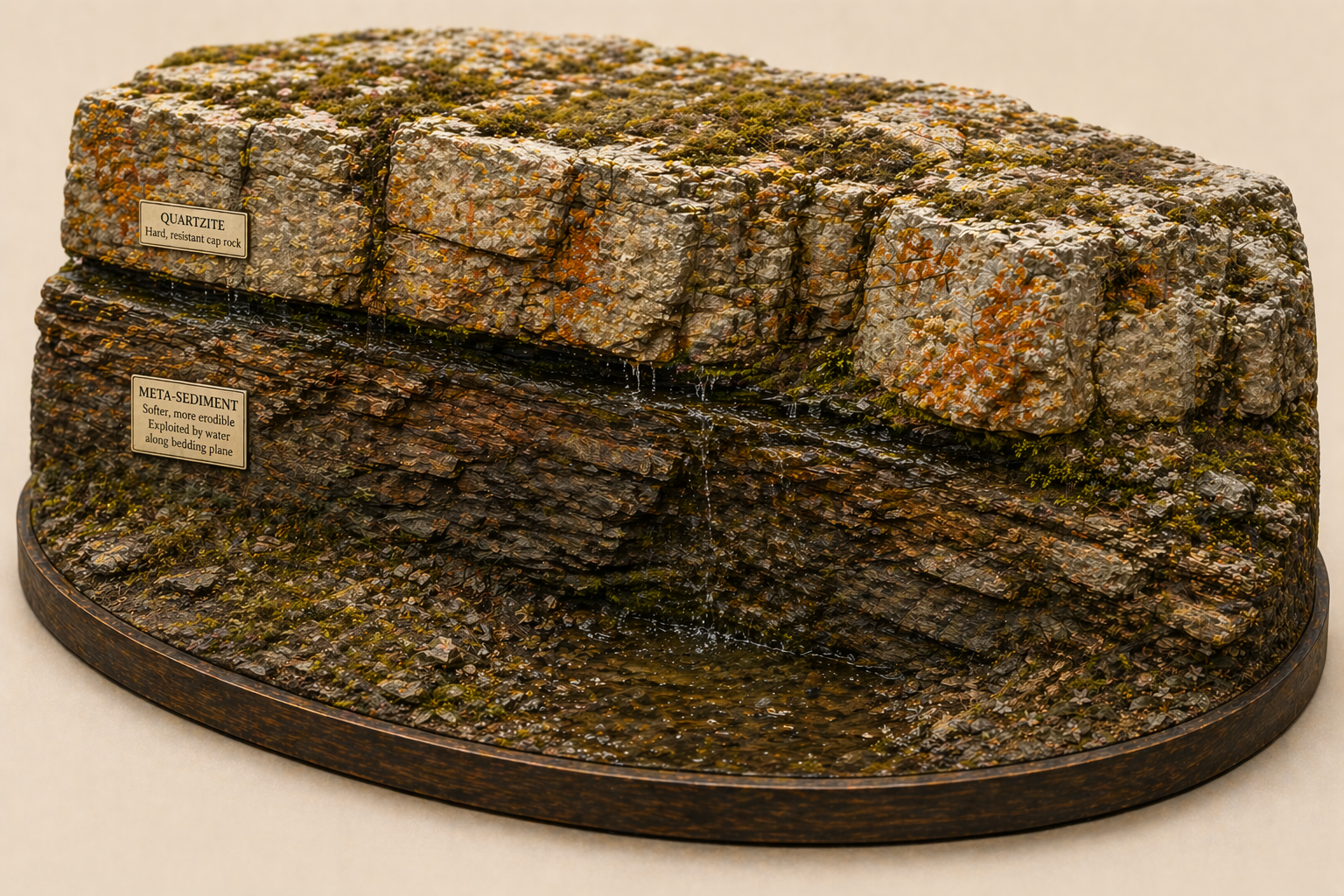 Tilt-shift diorama cross-section of a moss-topped rock cliff