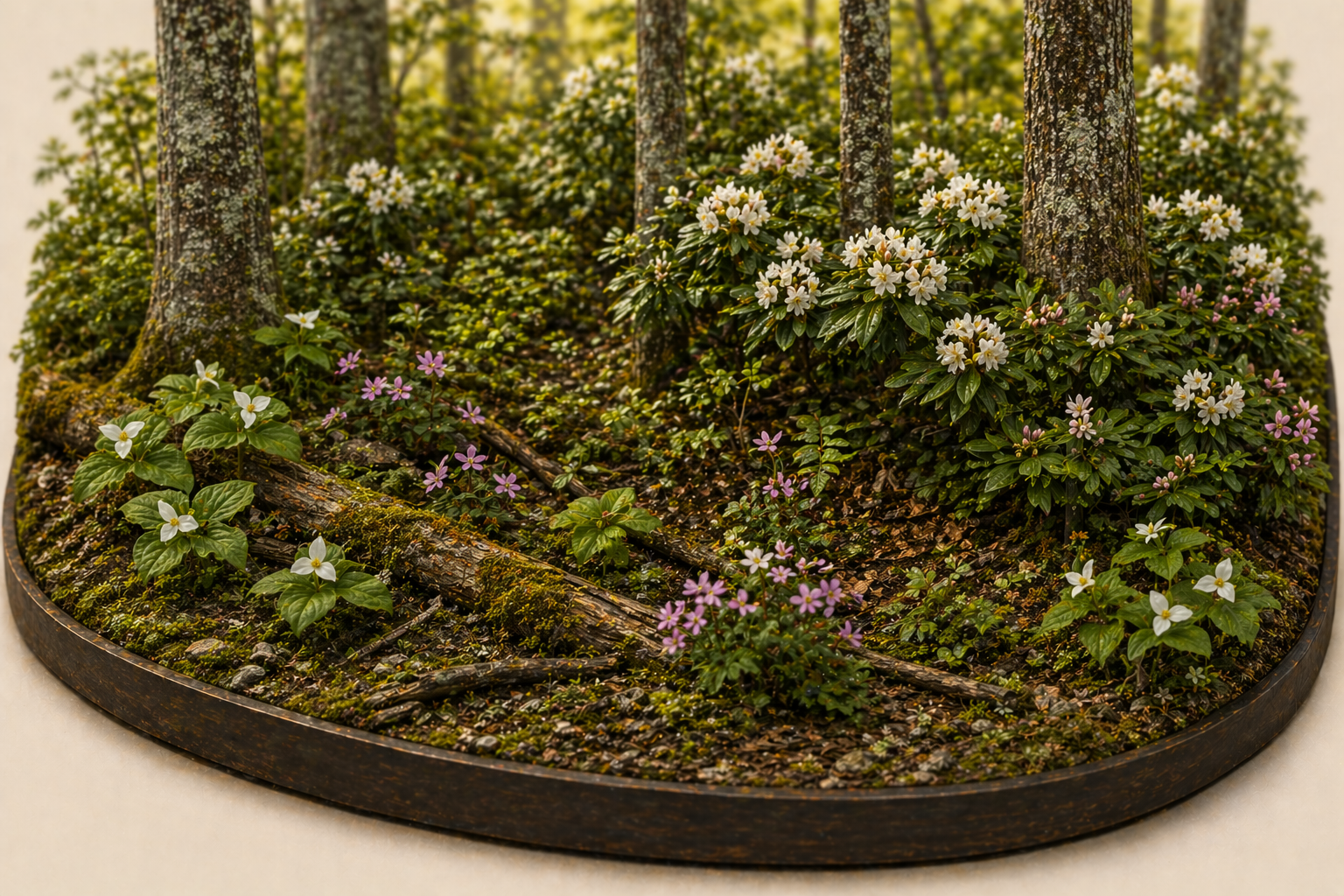 Tilt-shift diorama of a forest floor with trillium and spring ephemerals