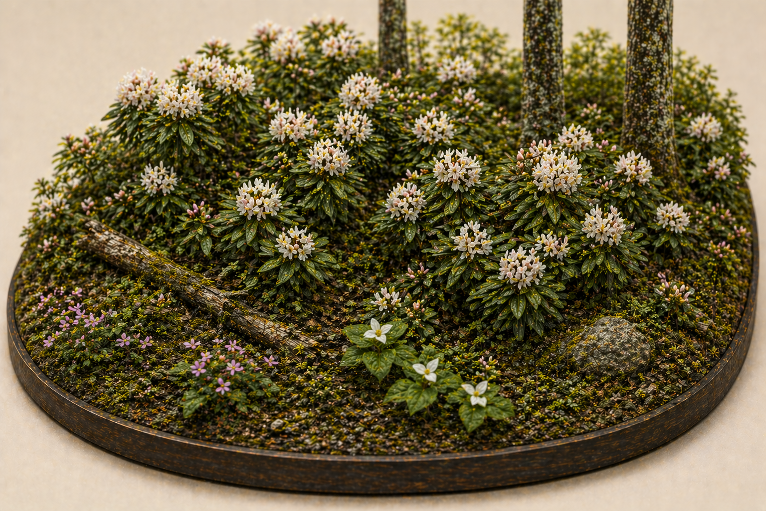 Tilt-shift diorama quadrants showing the same waterfall across winter, spring, summer, and fall