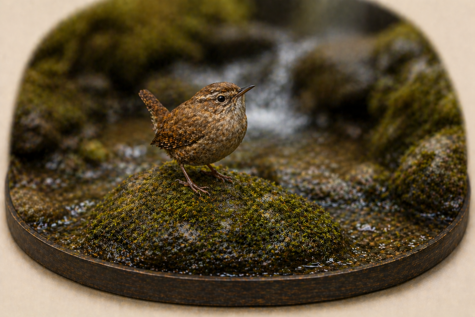 Tilt-shift diorama of a winter wren perched on a moss-covered rock