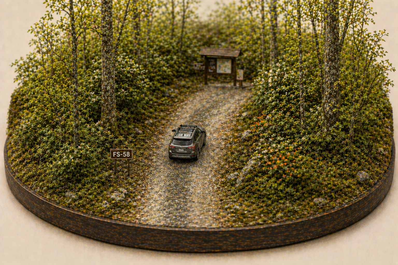Tilt-shift diorama of a car on a forest gravel road approaching a trailhead