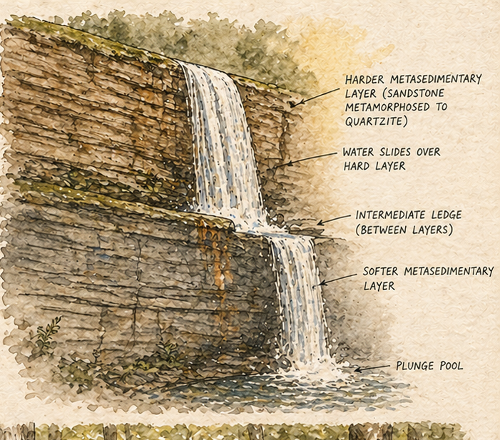 Watercolor geological cross-section showing harder metasedimentary upper rock layer, intermediate ledge, softer metasedimentary lower layer, and plunge pool at the base of Long Creek Falls