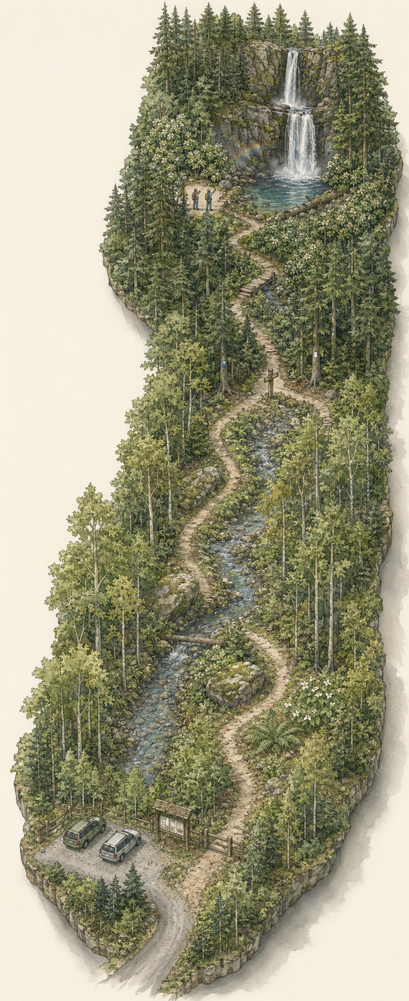 Illustrated isometric view of the trail to Long Creek Falls, Georgia — waterfall at top, trail winding down through forest to the Three Forks trailhead at the bottom